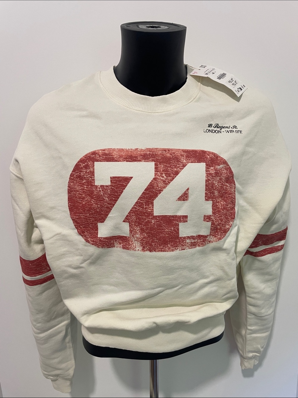 Zara Cream Crewneck Sweatshirt with Distressed Red '74' Graphic